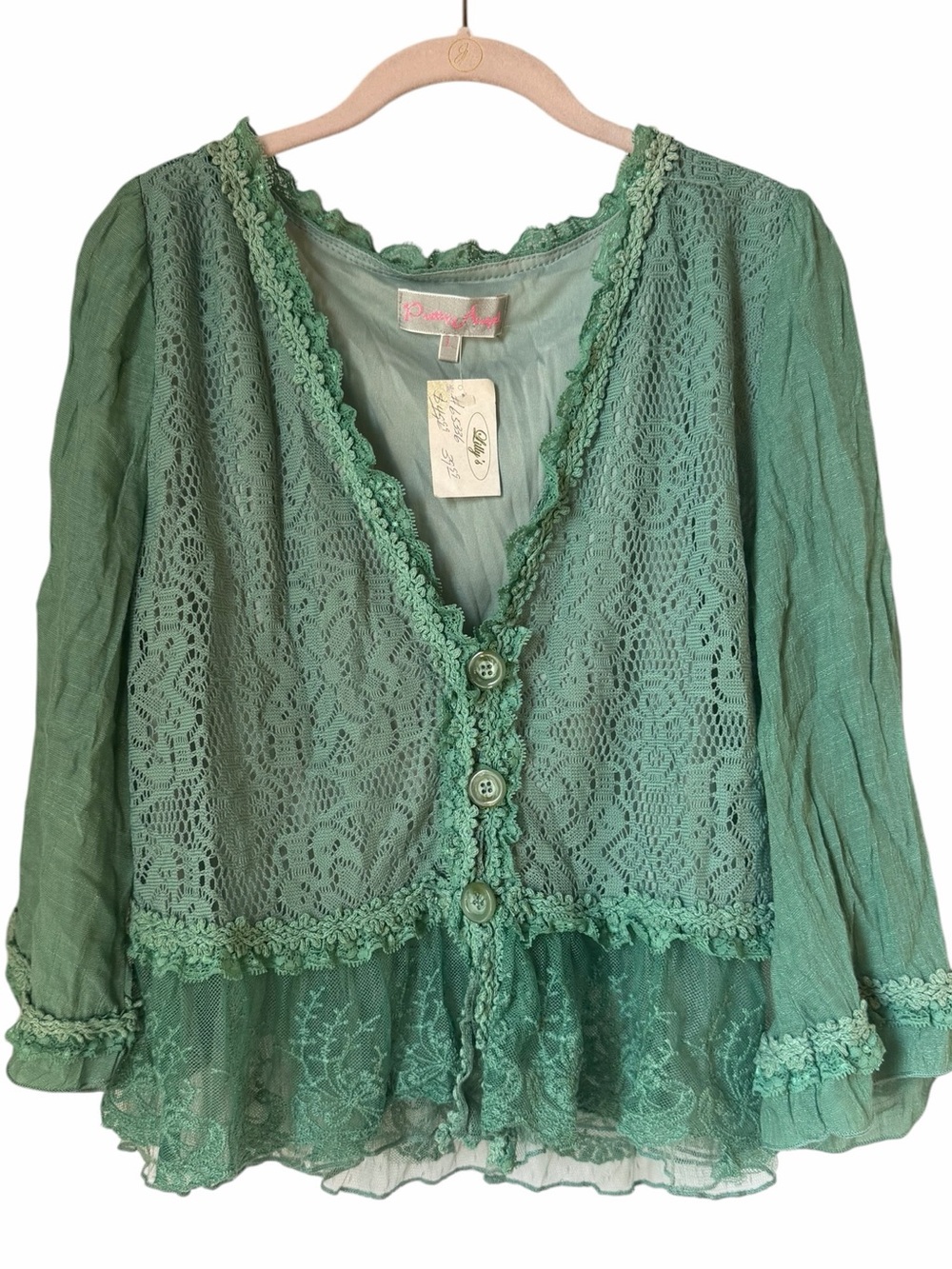 Romantic Lace Green Button Front Top Ruffles Coquette y2k Feminine Frilly